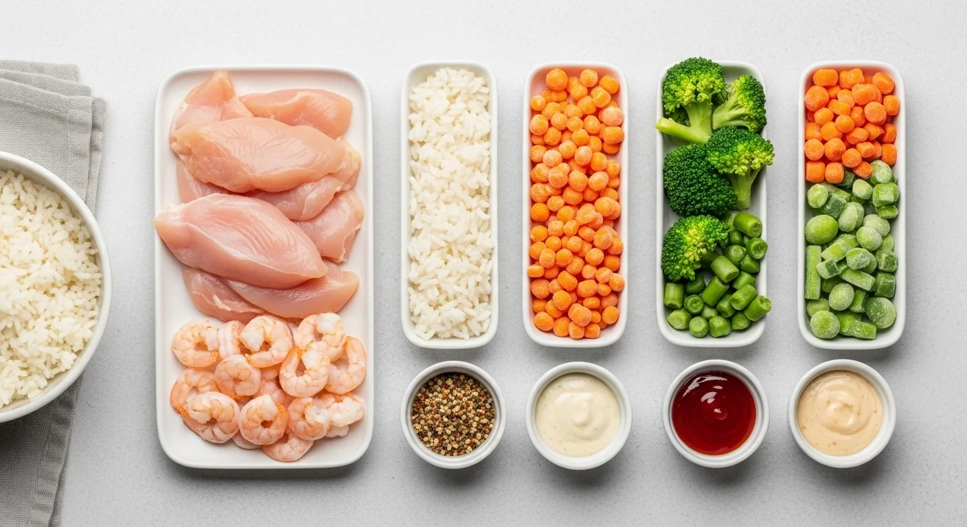 Essential components for easy weeknight dinners displayed in organized meal prep layout