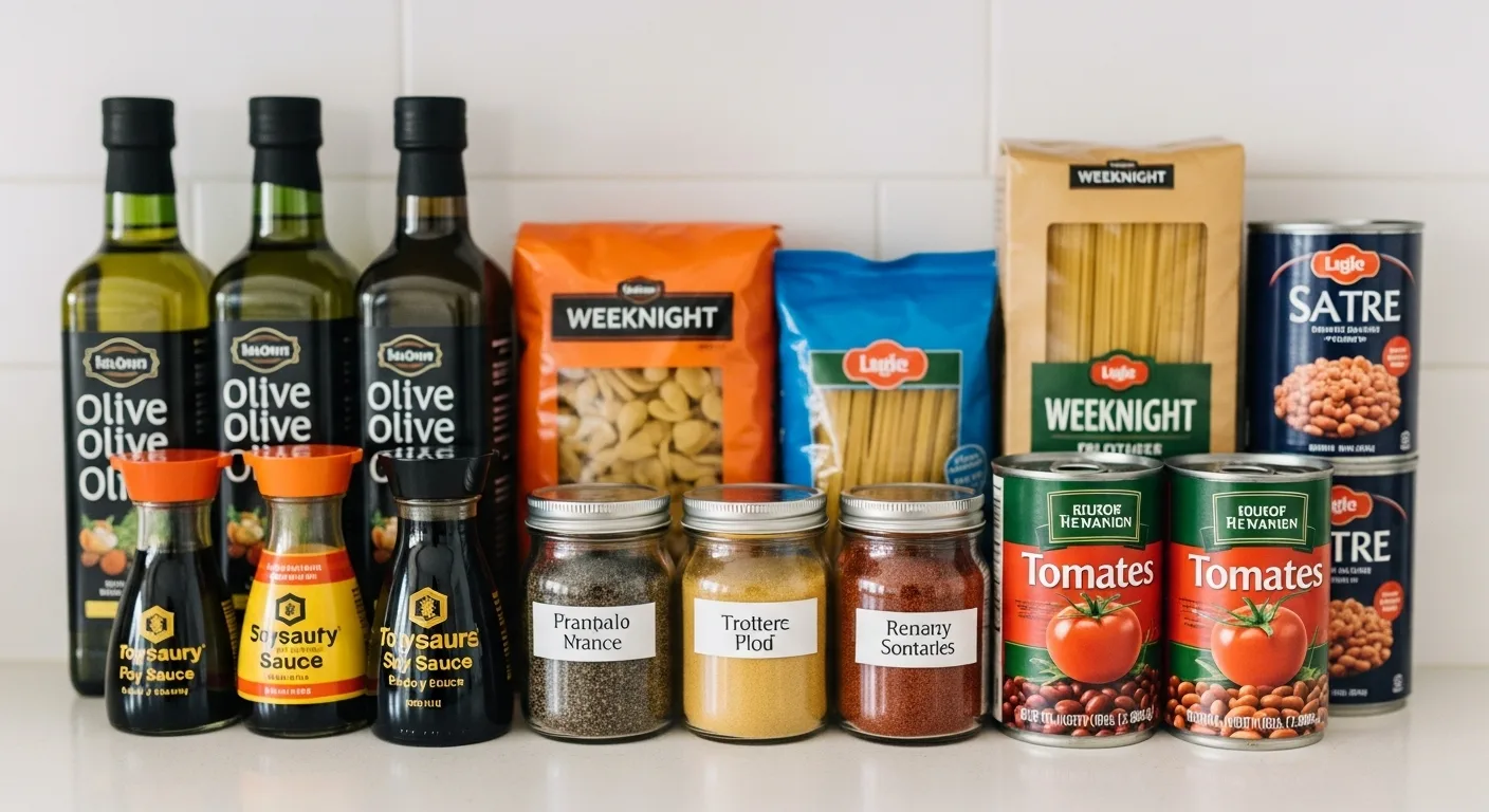 Essential pantry staples for weeknight dinners including pasta olive oil canned goods and spices
